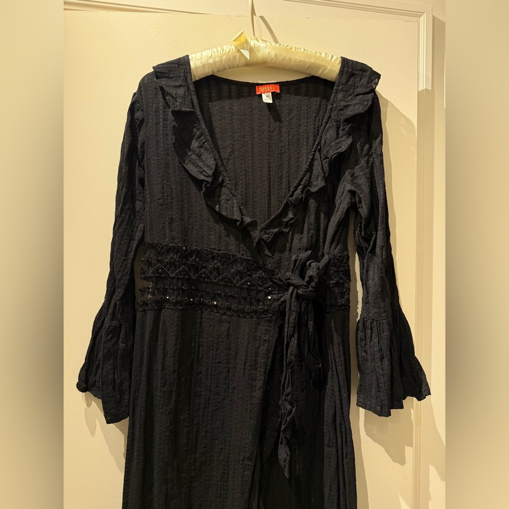 NU Resort Black Ruffled Wrap Maxi Dress with Mesh Beaded Waistline & Tie Waist - Picture 4 of 7